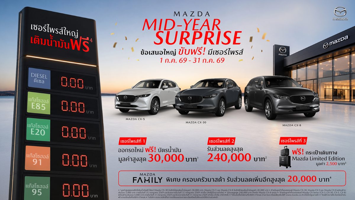มาสด้าส่งแคมเปญใหญ่กลางปี “ขับฟรี! มีเซอร์ไพรส์” สุดคุ้ม เติมน้ำมันฟรี 30,000 บาท ส่วนลด 240,000 บาท ตลอดเดือนกรกฎาคม